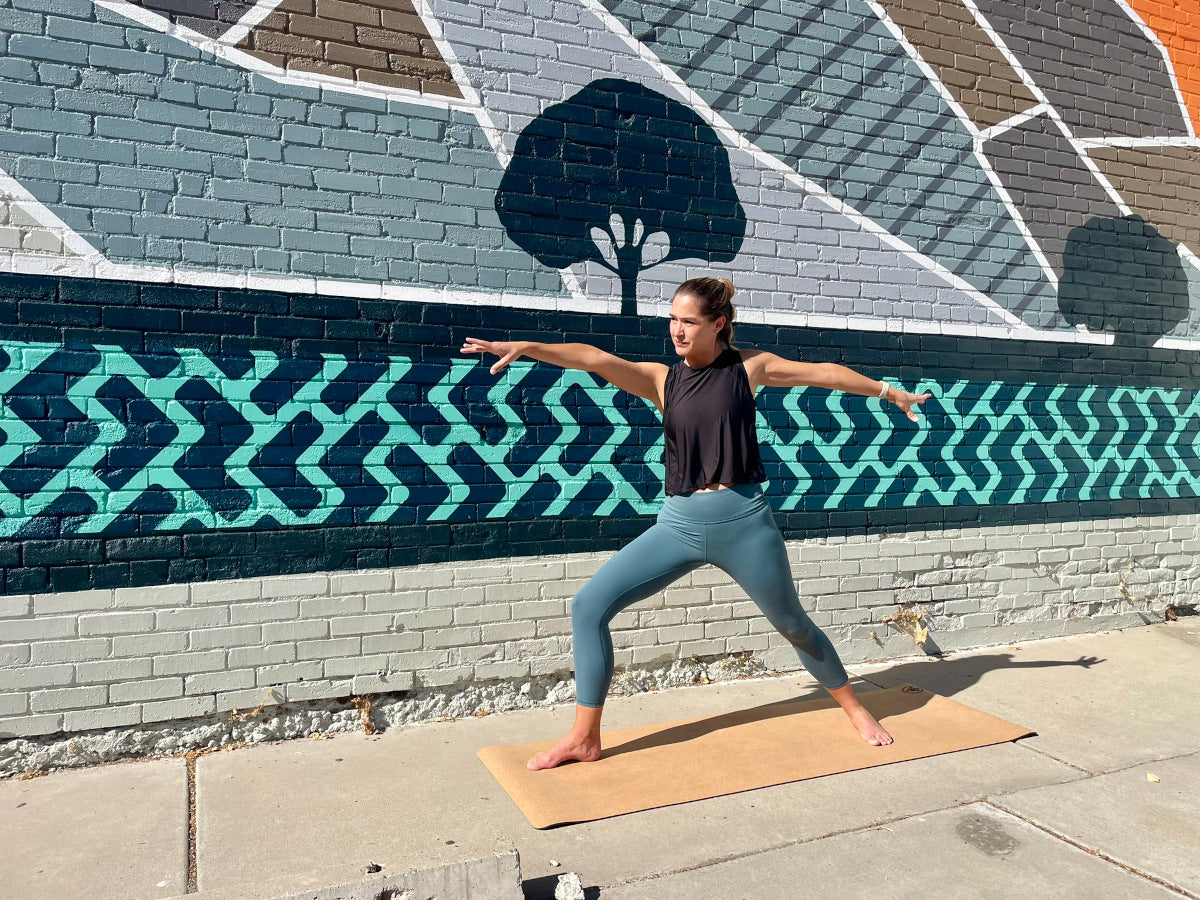 Asivana Hero Sarah on Flux Cork Yoga Mat in Warrior 2 Asivana Yoga
