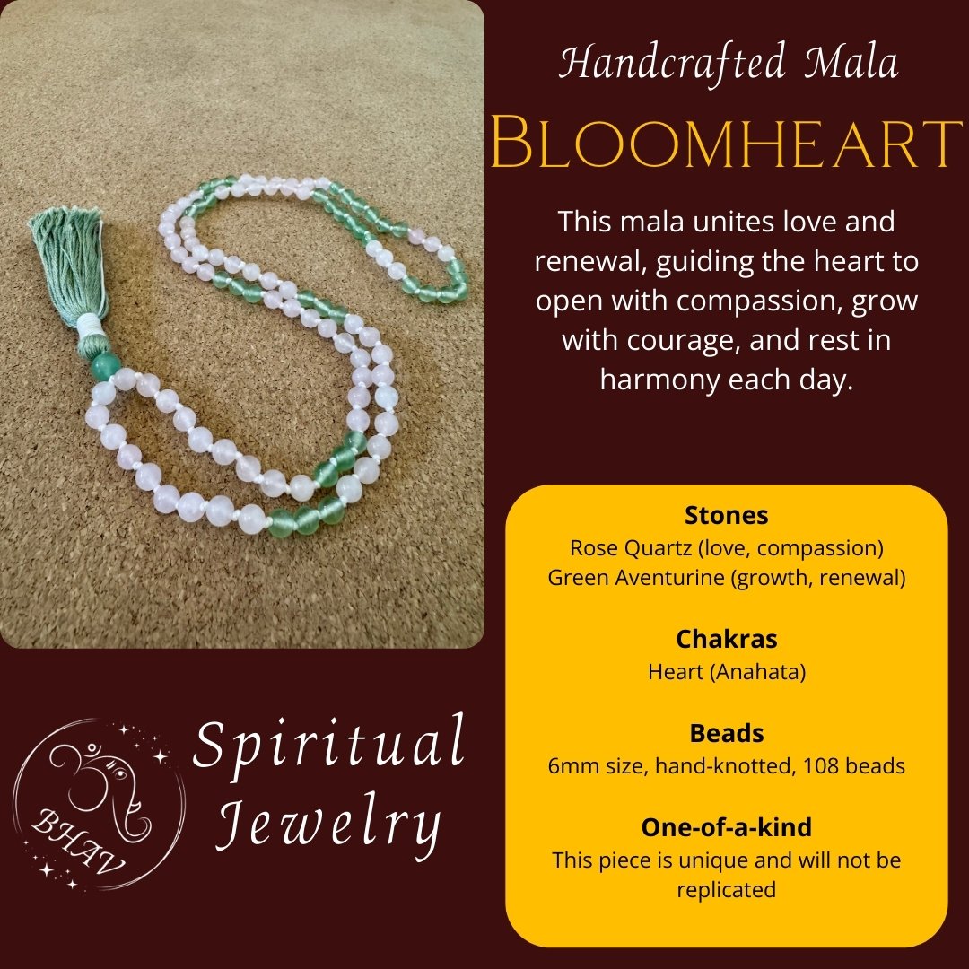 Bloomheart - Rose Quartz & Green Aventurine 6mm Handcrafted Mala Info Graphic