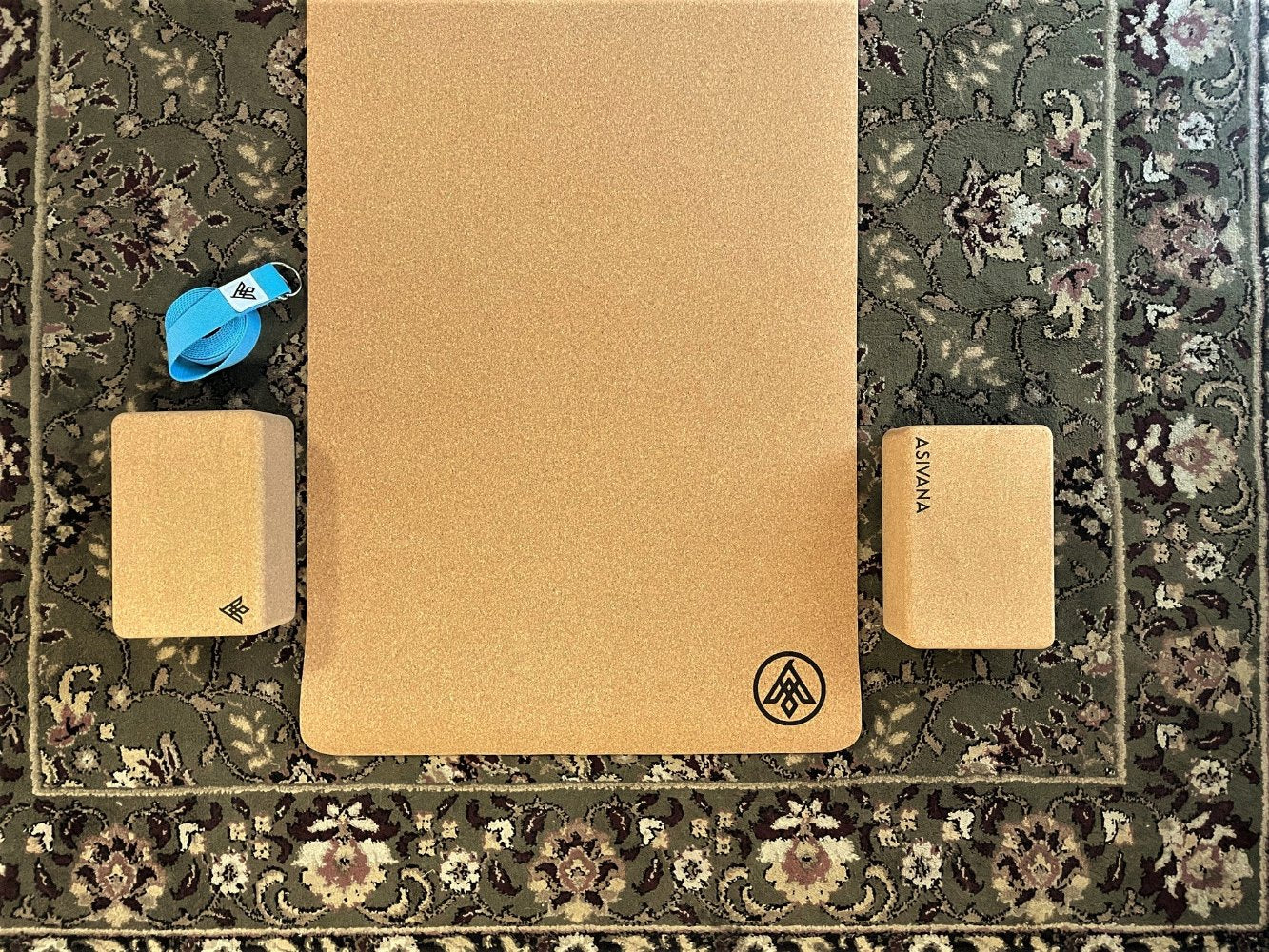 Complete Yoga Kit Set Up with Flux Cork Yoga Mat Two Cork Bocks and Yoga Strap