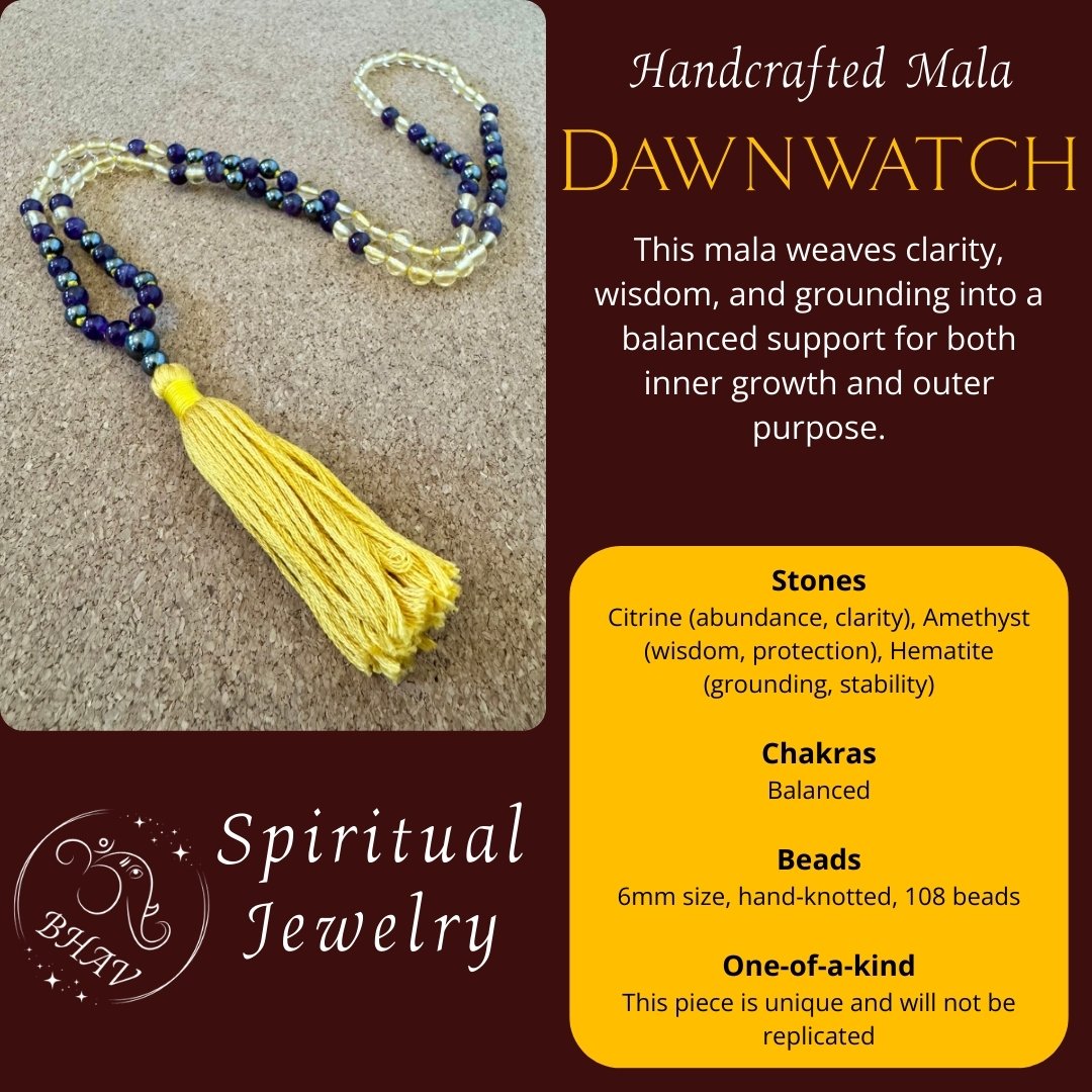 Dawnwatch - Citrine, Amethyst, & Hematite 6mm Handcrafted Mala Info Graphic