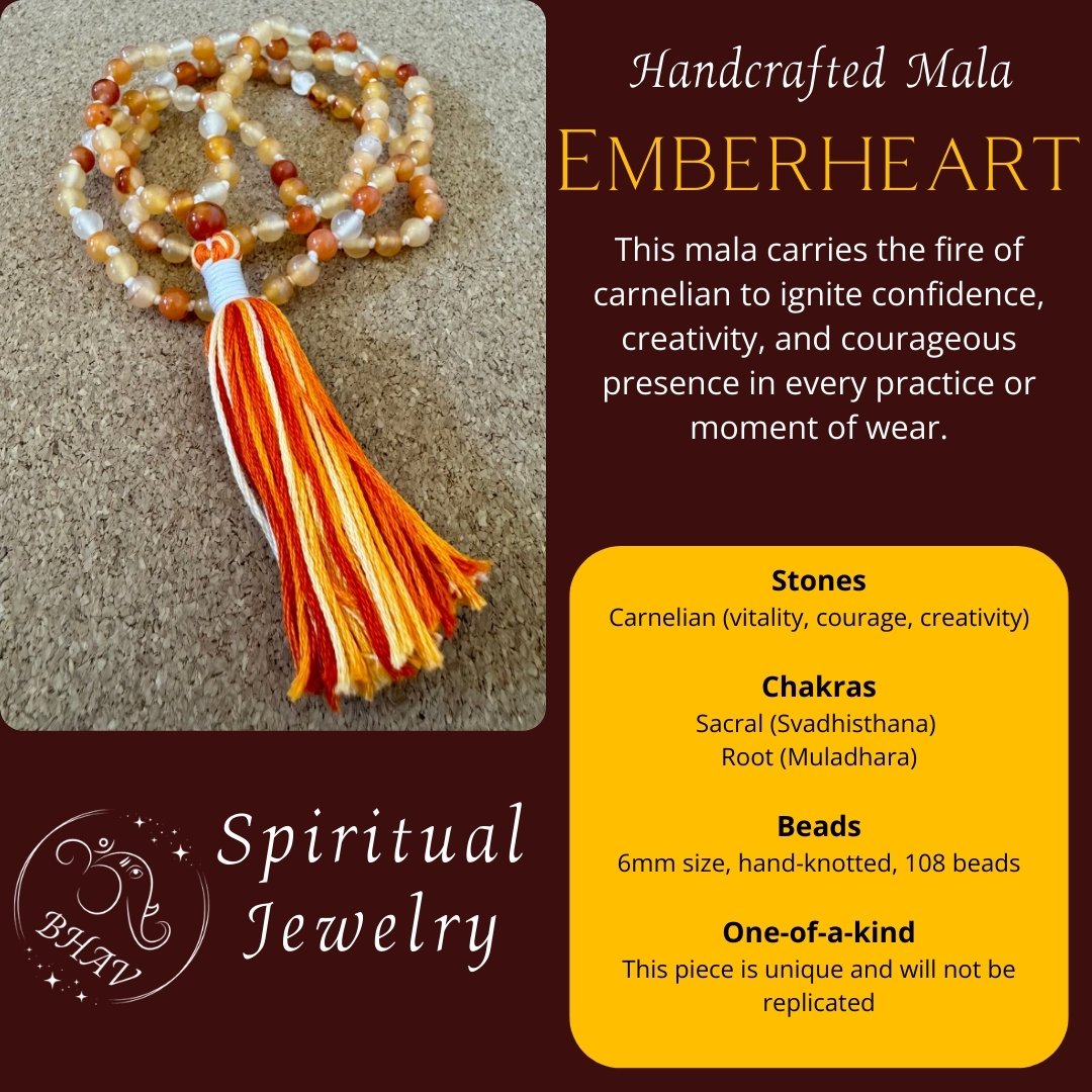Emberheart - Carnelian 6mm Handcrafted Mala Info Graphic