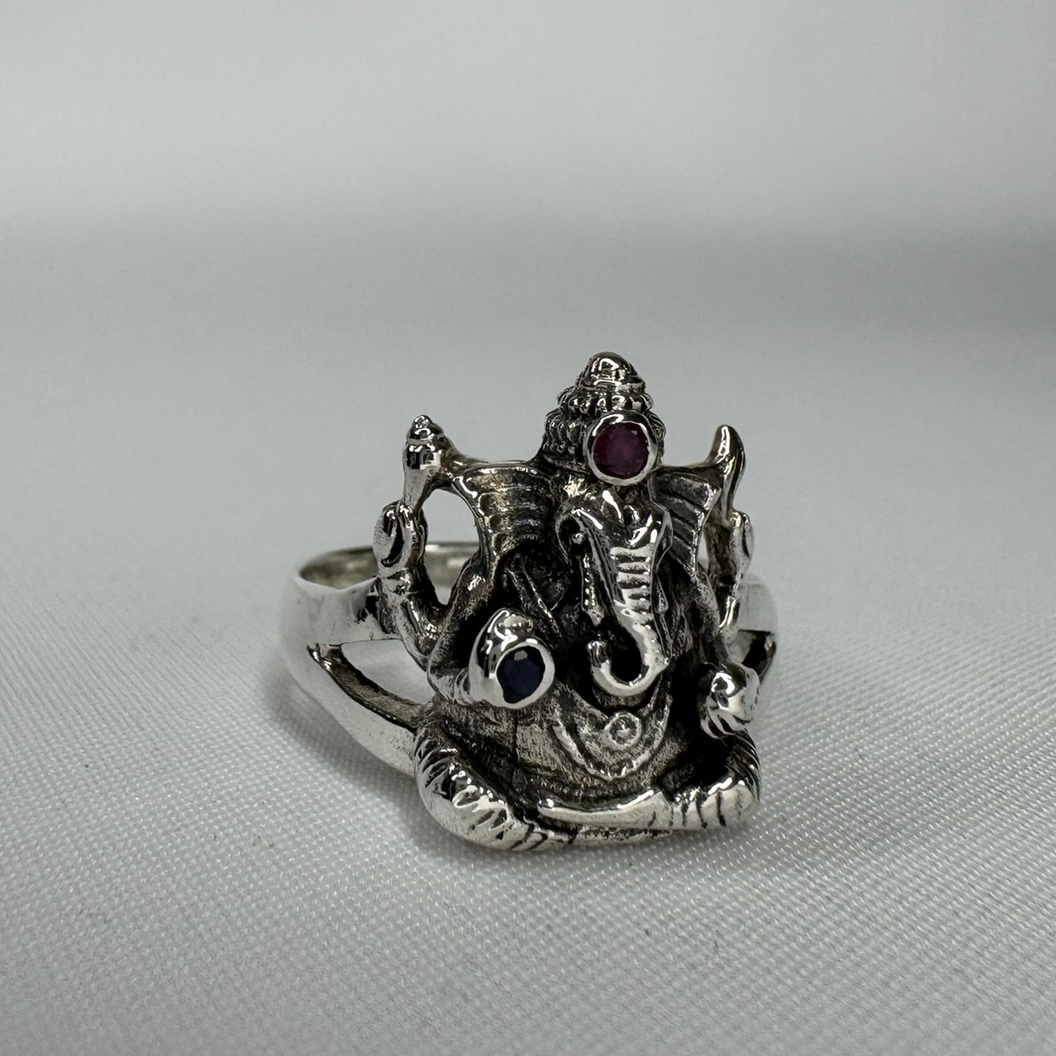 Ganesha Sterling Silver Ring with Ruby and Sapphire