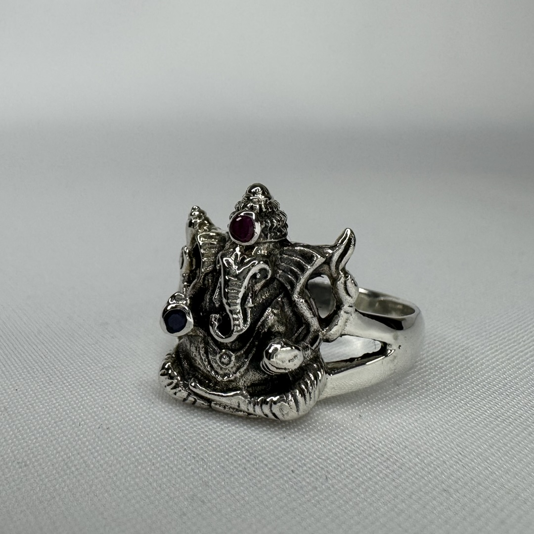 Ganesha Sterling Silver Ring with Ruby and Sapphire