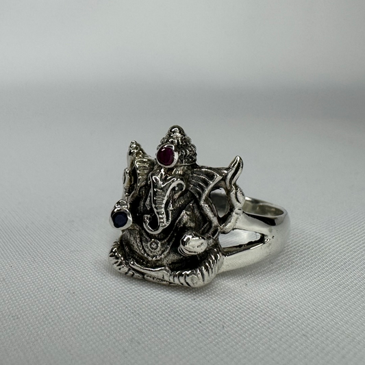 Ganesha Sterling Silver Ring with Ruby and Sapphire