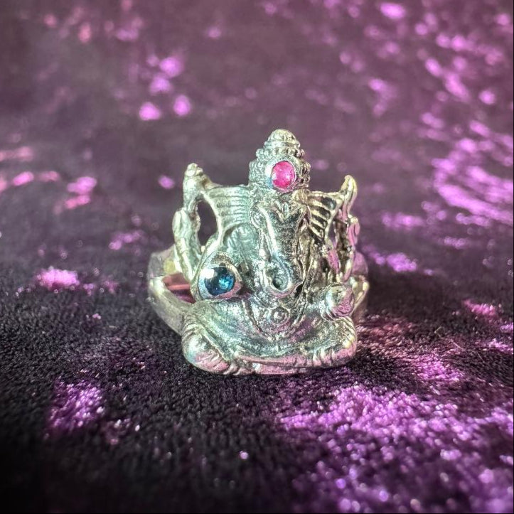 Ganesha with Ruby and Sapphire Sterling Silver Ring