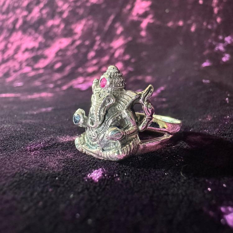 Ganesha with Ruby and Sapphire Sterling Silver Ring Side Angle