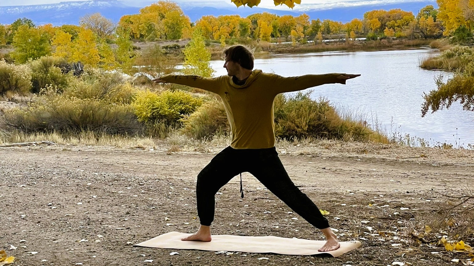 Jack Utermoehl in Warrior 2 on Asivana Cork Yoga Mat