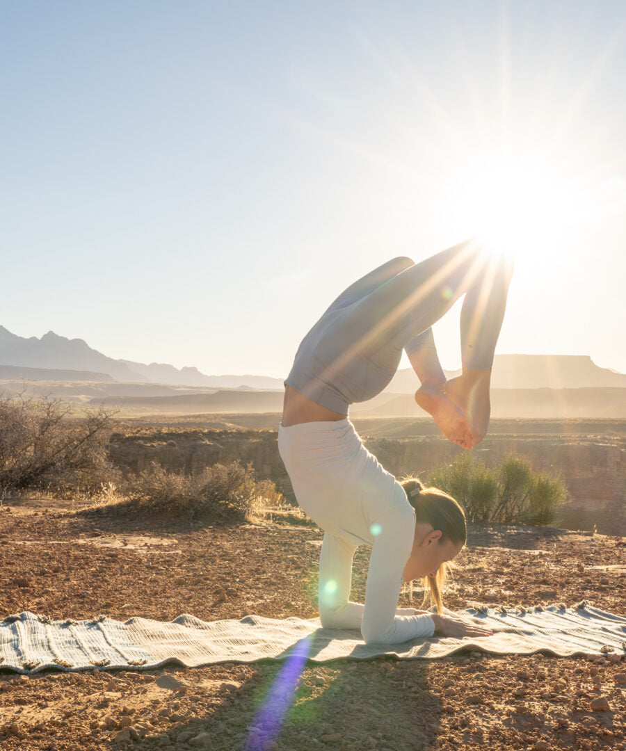 Auramat™ Kapha Ayurvedic Yoga Mat Challenging Pose Scorpion in Sedona