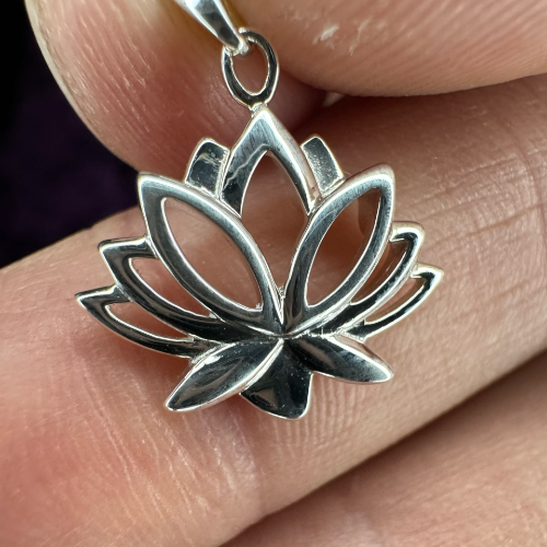 Large Lotus Sterling Silver Pendant in hand closeup