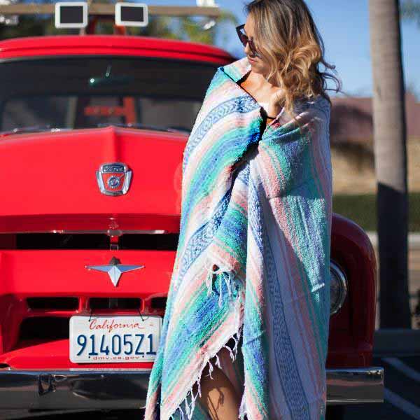 Mint Blue & Coral Peach Falsa Yoga Blanket Lifestyle Wrapped