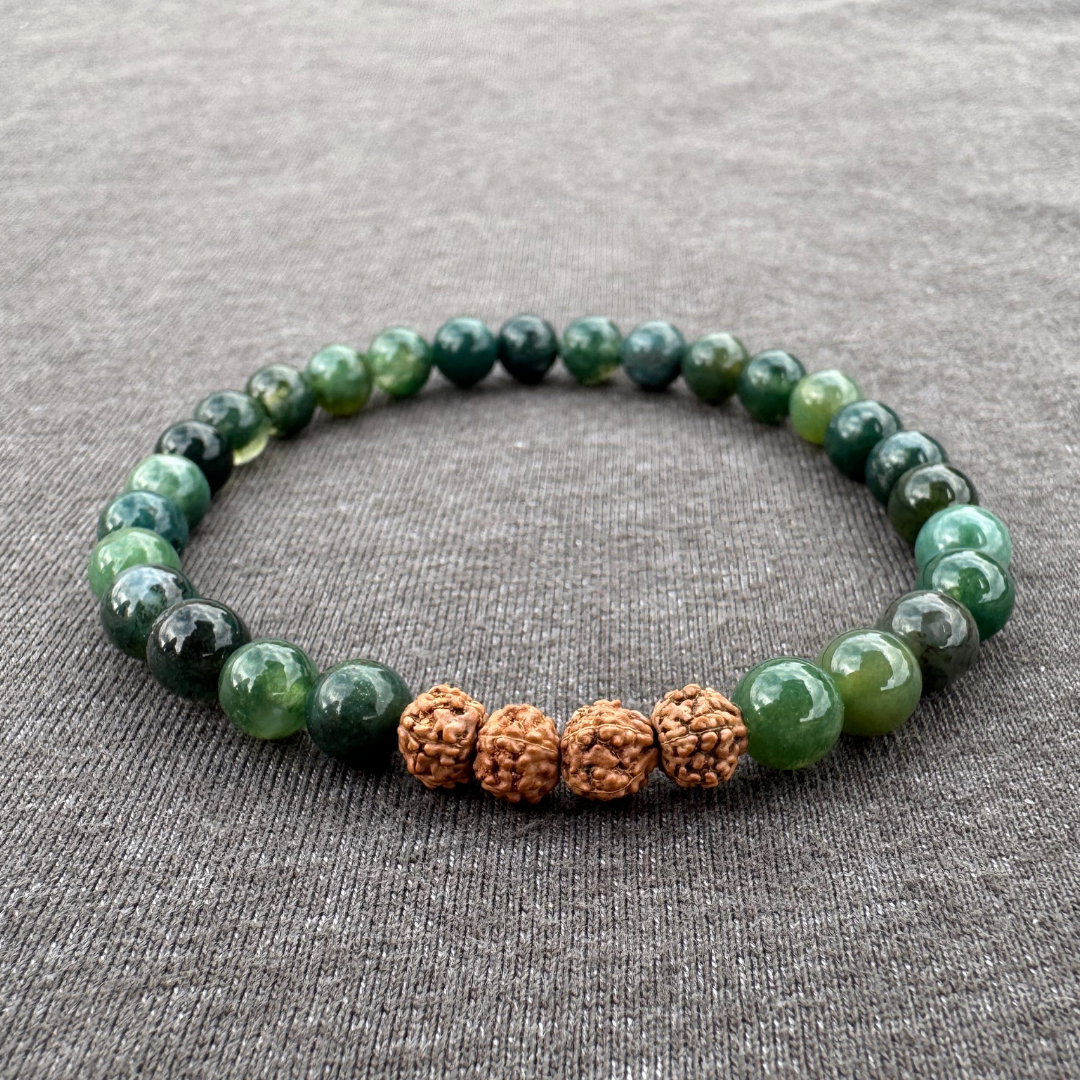 Moss Agate with Rudraksha 6mm Mala Bracelet