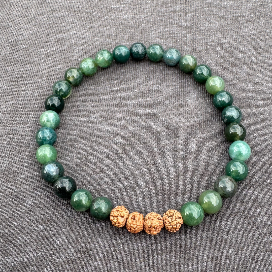 Moss Agate with Rudraksha 6mm Mala Bracelet