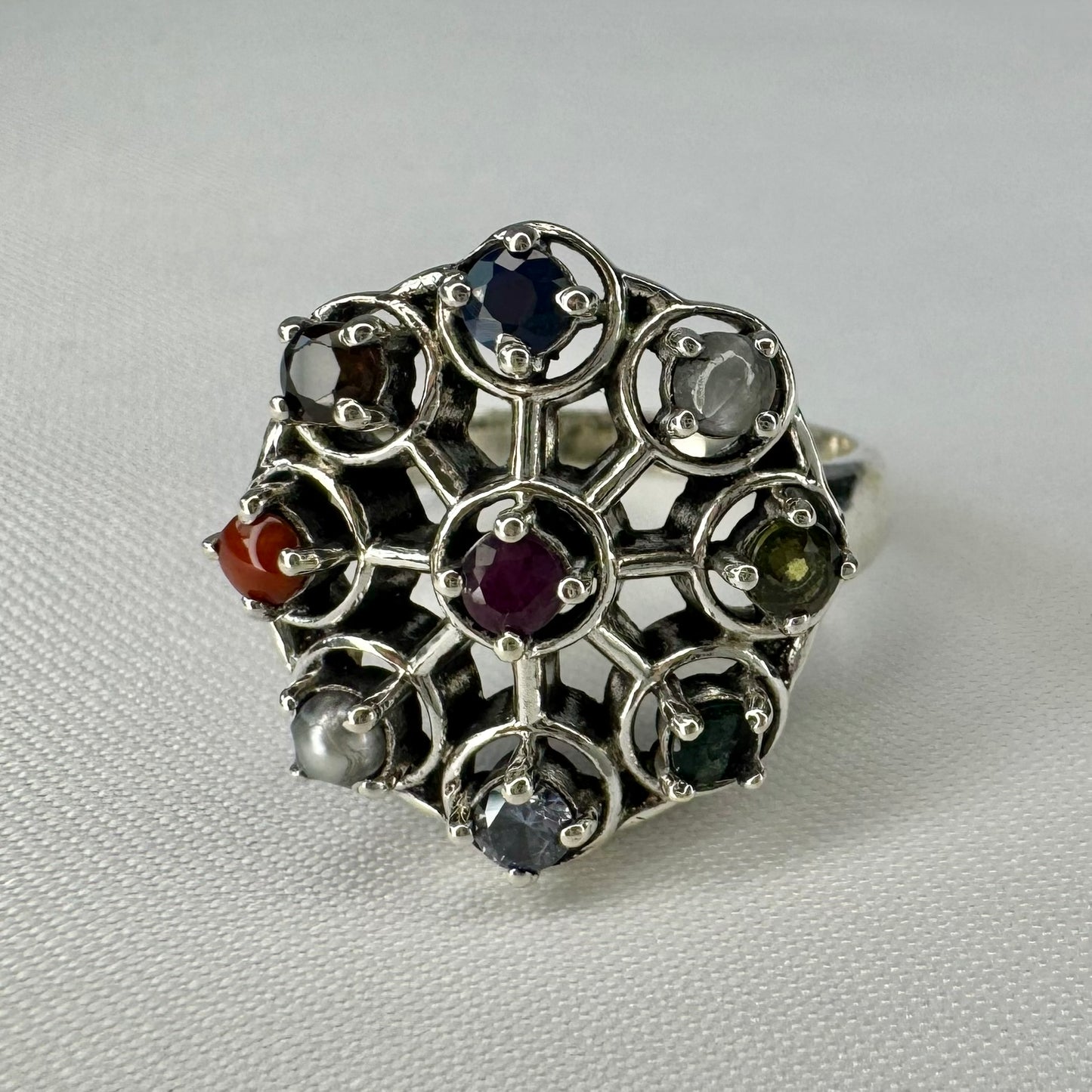 Navaratna Sterling Silver Ring
