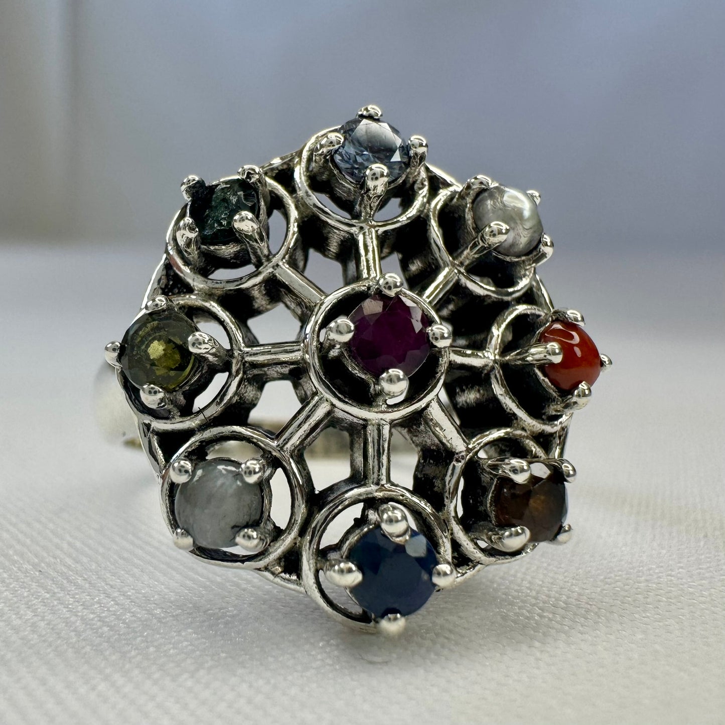 Navaratna Sterling Silver Ring Close Up