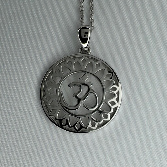 OM Symbol with Lotus Flower Sterling Silver Pendant