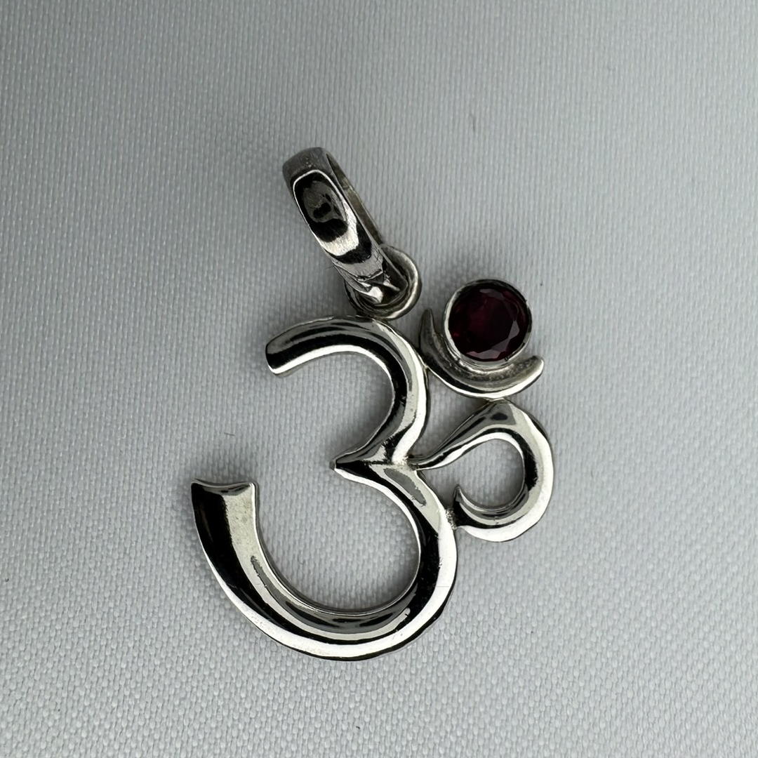 OM Symbol Sterling Silver Pendant with Garnet