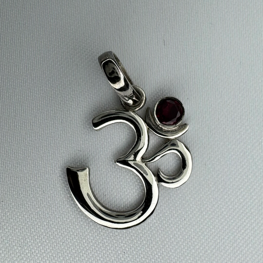 OM Symbol Sterling Silver Pendant with Garnet