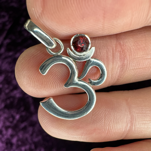 OM Symbol Sterling Silver Pendant with Garnet