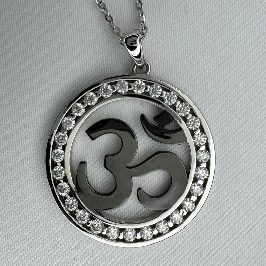 OM Symbol Sterling Silver Pendant with Moissanite