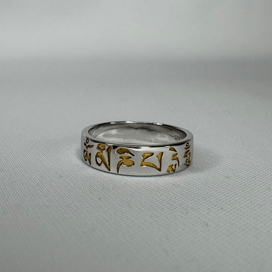 Om Mani Padme Hum Sterling Silver Ring with Gold Inlay