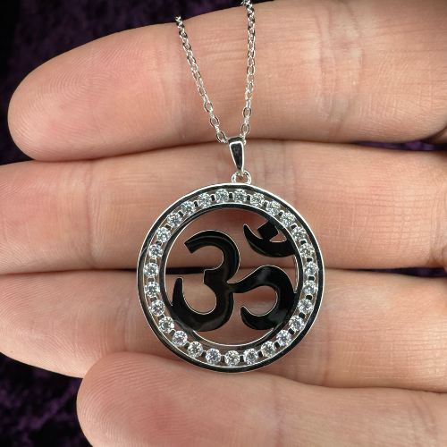 Om with Moissanite Pendant Size Perspective