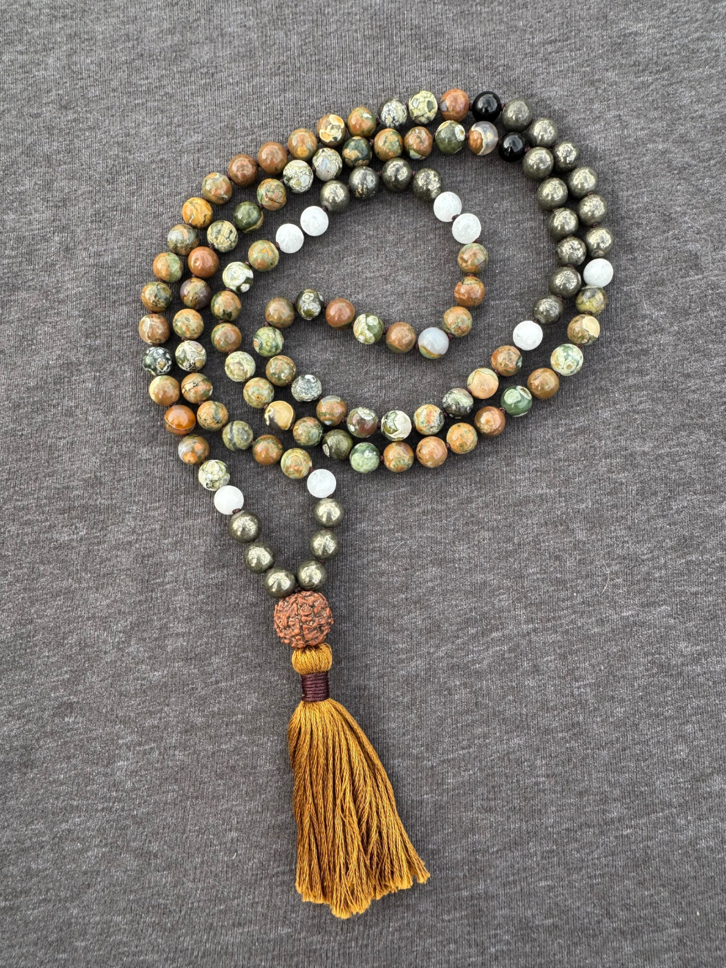 Remember Your Ancestors, Take Care of This Land, She Will Take Care of You - Rhyolite, Pyrite, Rainbow Moonstone, Black Tourmaline 8mm Mala