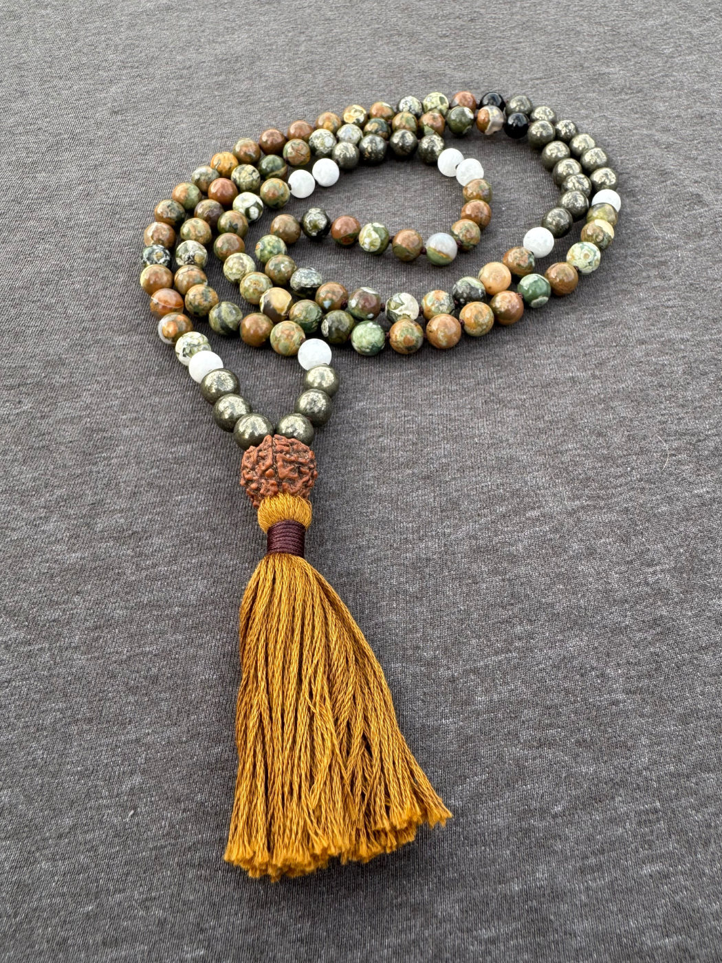 Remember Your Ancestors, Take Care of This Land, She Will Take Care of You - Rhyolite, Pyrite, Rainbow Moonstone, Black Tourmaline 8mm Mala