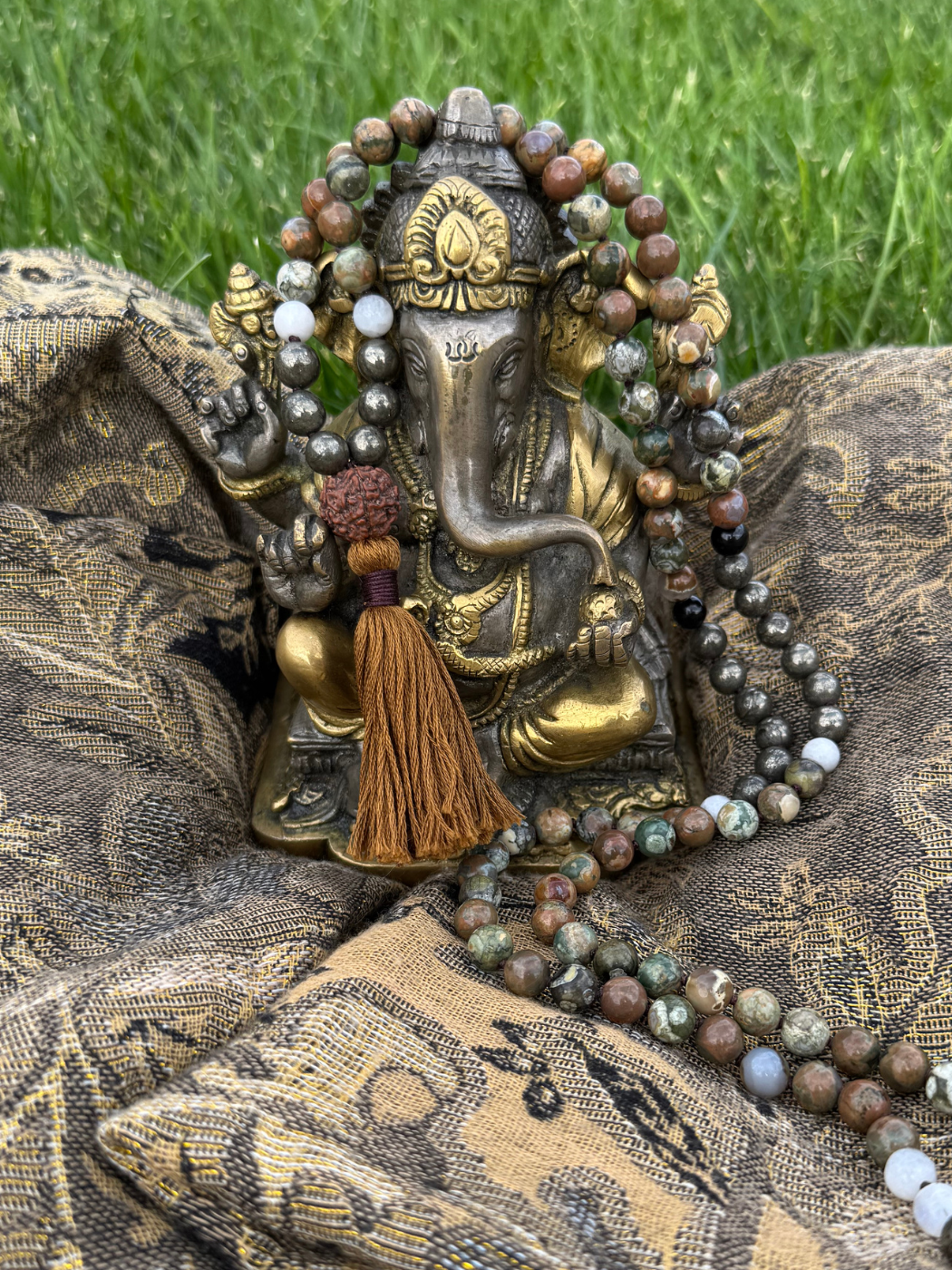 Remember Your Ancestors, Take Care of This Land, She Will Take Care of You - Rhyolite, Pyrite, Rainbow Moonstone, Black Tourmaline 8mm Mala on Ganesh
