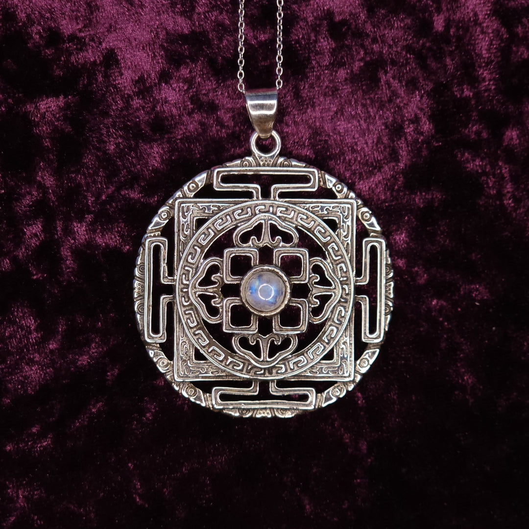 Sri Yantra Mandala Sterling Silver Pendant with Moonstone Front