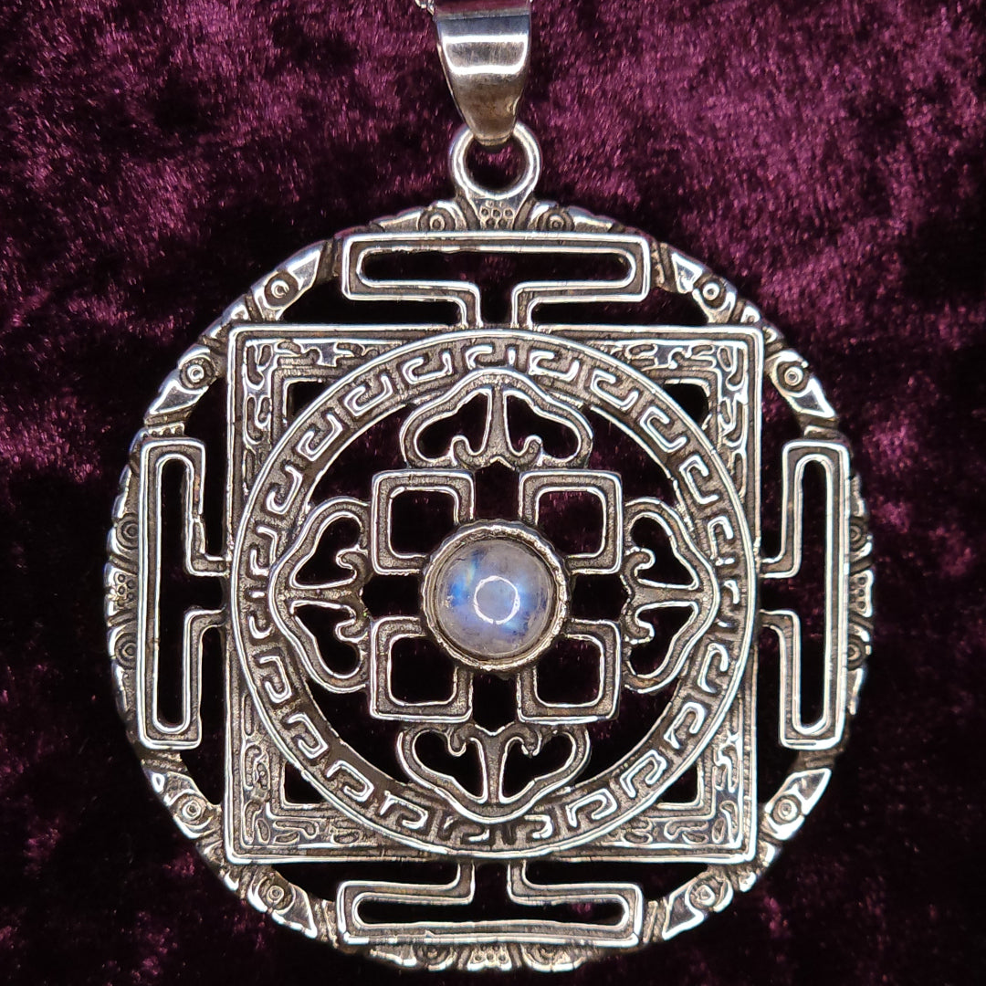Sri Yantra Mandala Sterling Silver Pendant with Moonstone Closeup