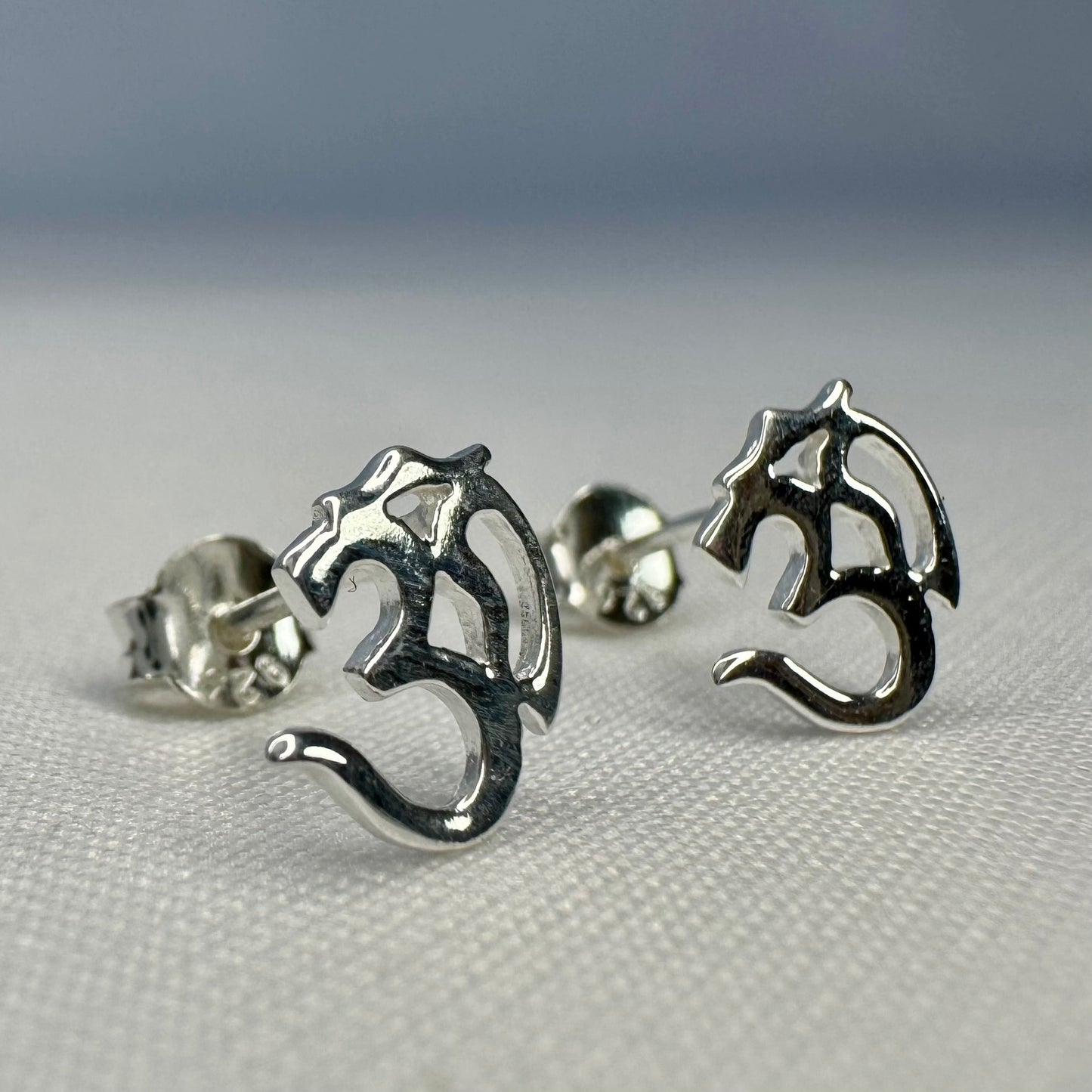 Stylized Om Post Stud Sterling Silver Earrings Angle