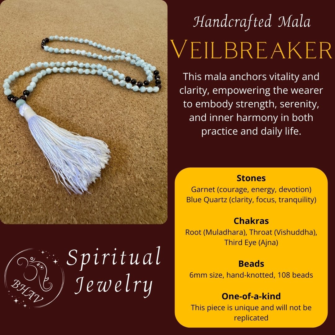 Veilbreaker - Garnet & Blue Quartz 6mm Handcrafted Mala Info Graphic