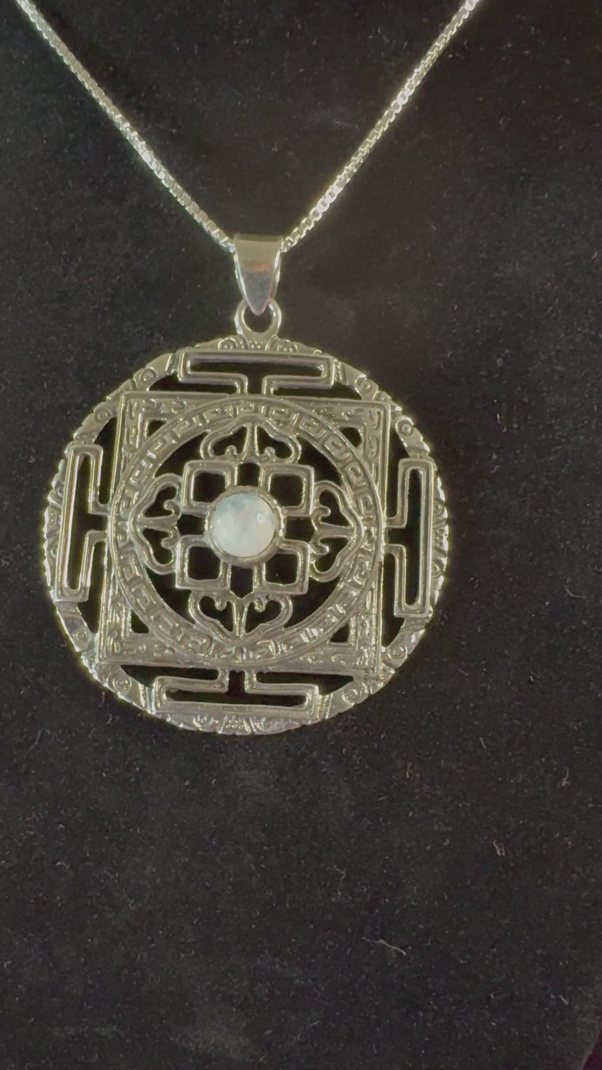 Sri Yantra Mandala Sterling Silver Pendant with Moonstone Light