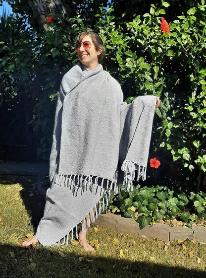 Grey Solid Baja Yoga Blanket Lifestyle Draped