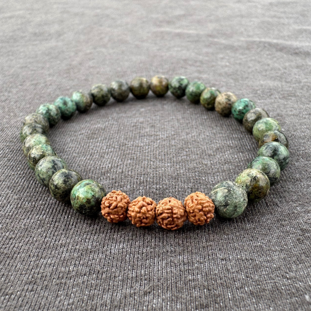 African Turquoise with Rudraksha 6mm Mala Bracelet