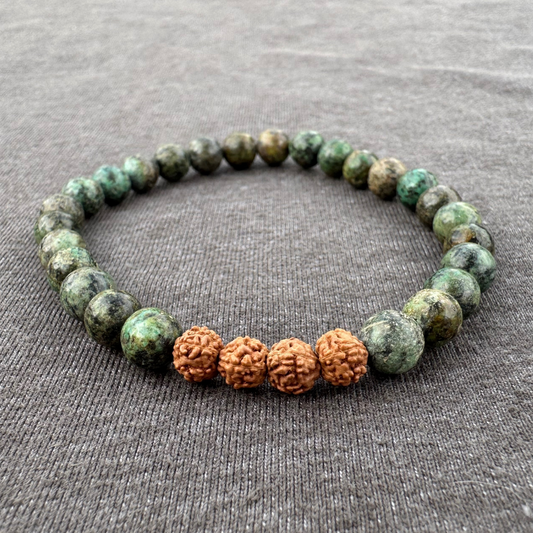 African Turquoise with Rudraksha 6mm Mala Bracelet