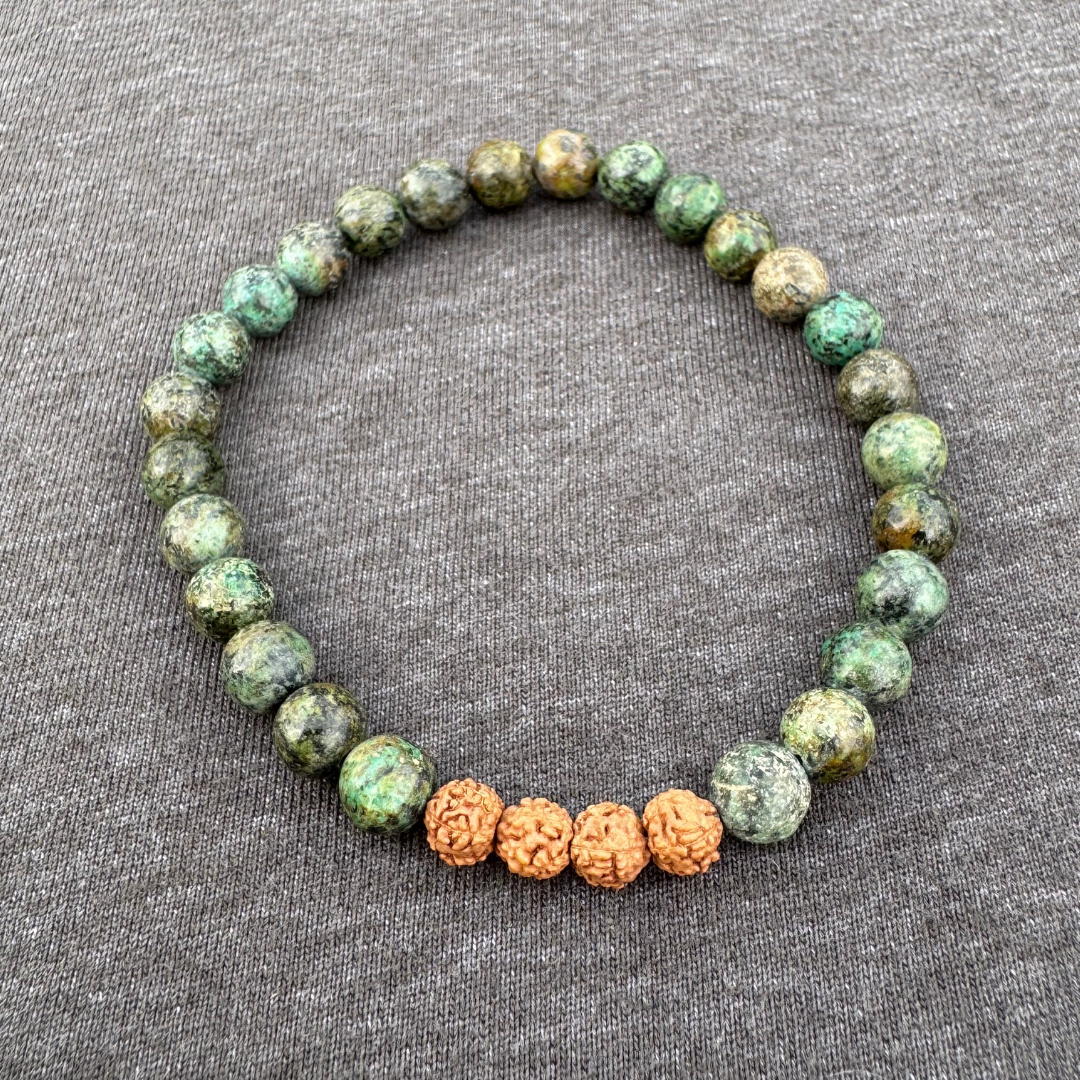 African Turquoise with Rudraksha 6mm Mala Bracelet
