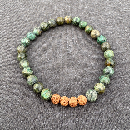 African Turquoise with Rudraksha 6mm Mala Bracelet