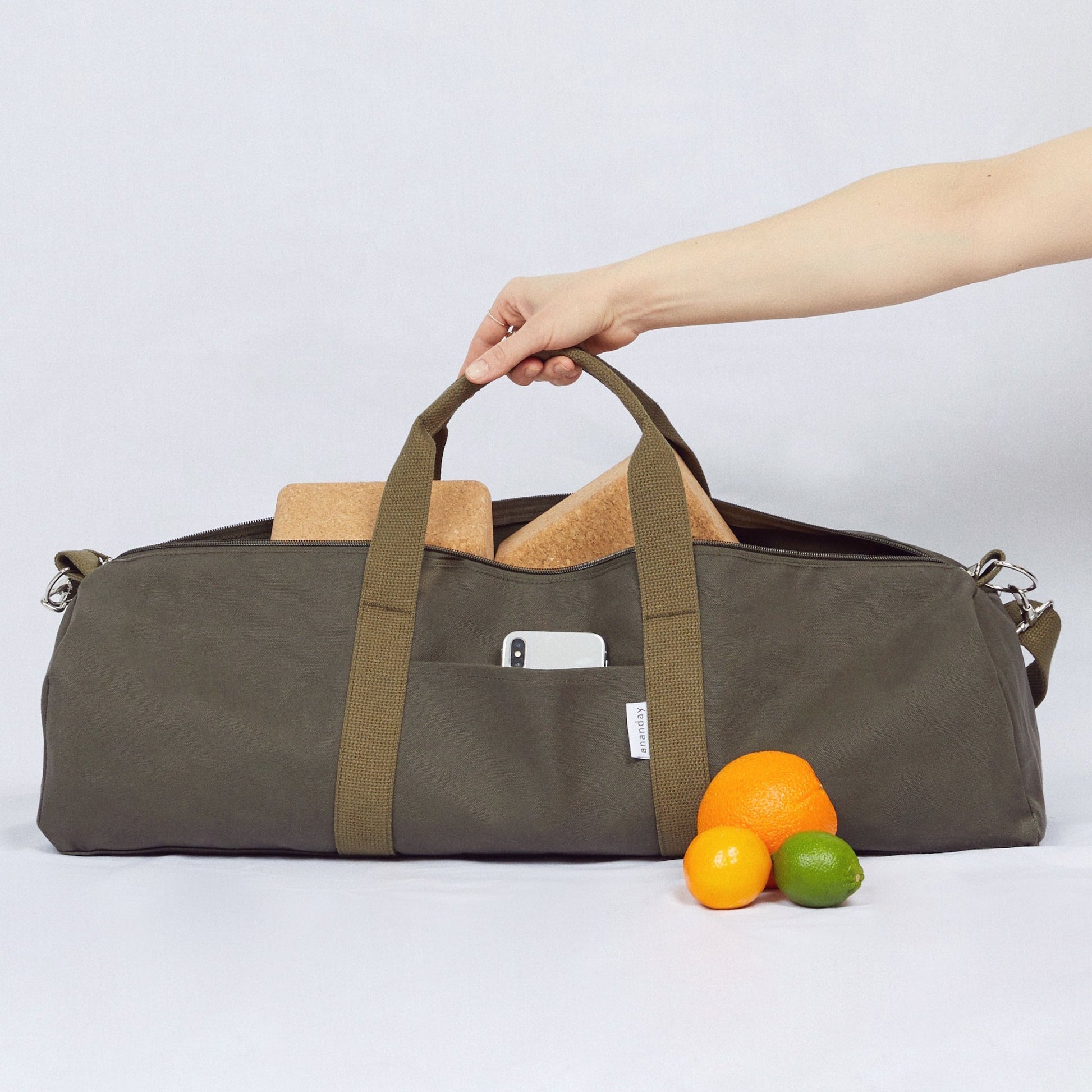 Canvas Yoga Mat Bag in Hand with Snacks