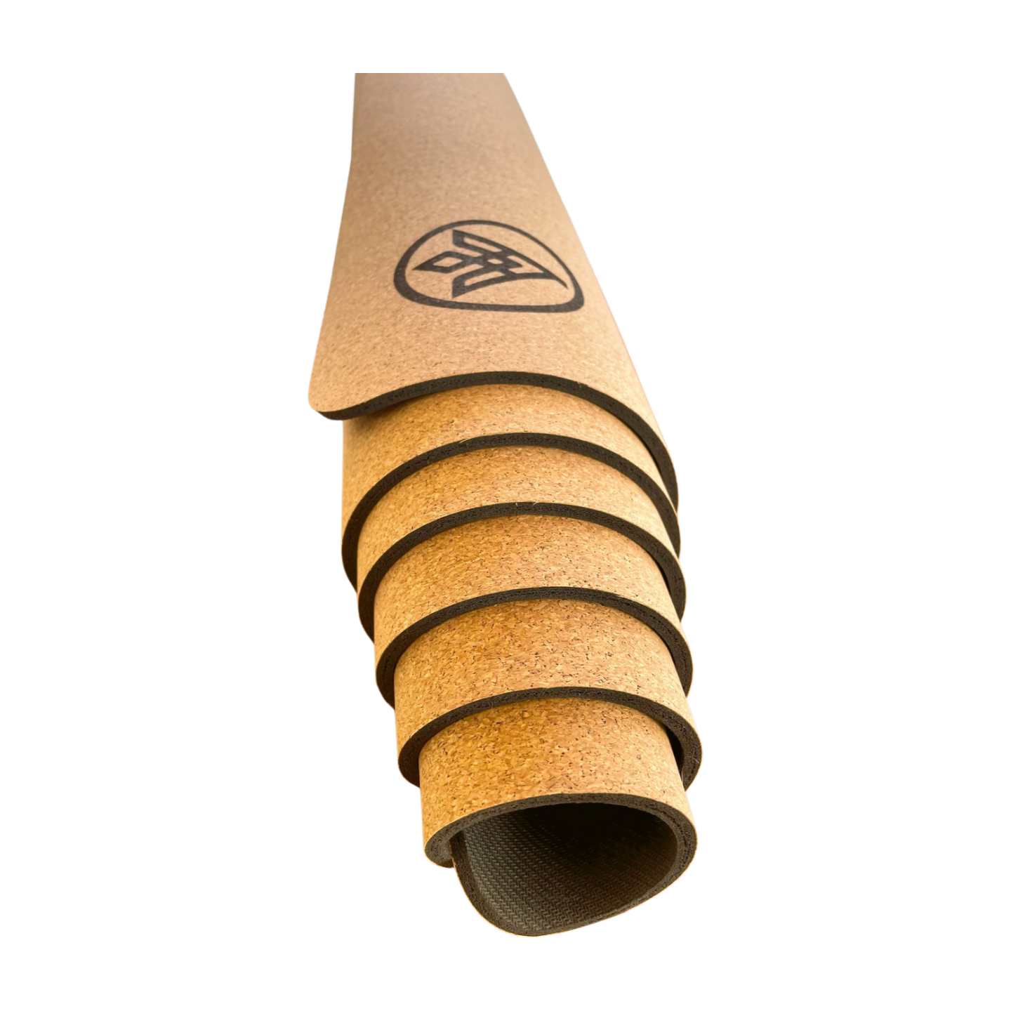 The Flux cork yoga mat rolled in layers to highlight the cork top aesthetic and construction
