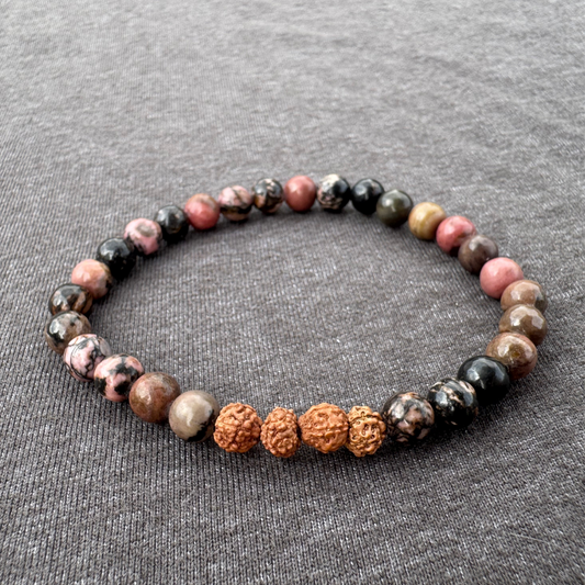 Black Rhodonite with Rudraksha 6mm Mala Bracelet