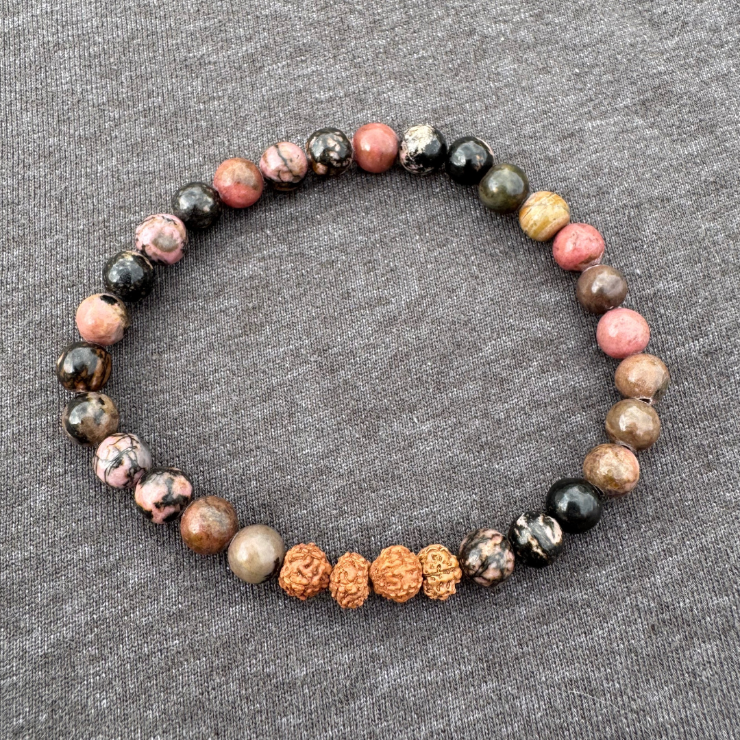 Black Rhodonite with Rudraksha 6mm Mala Bracelet