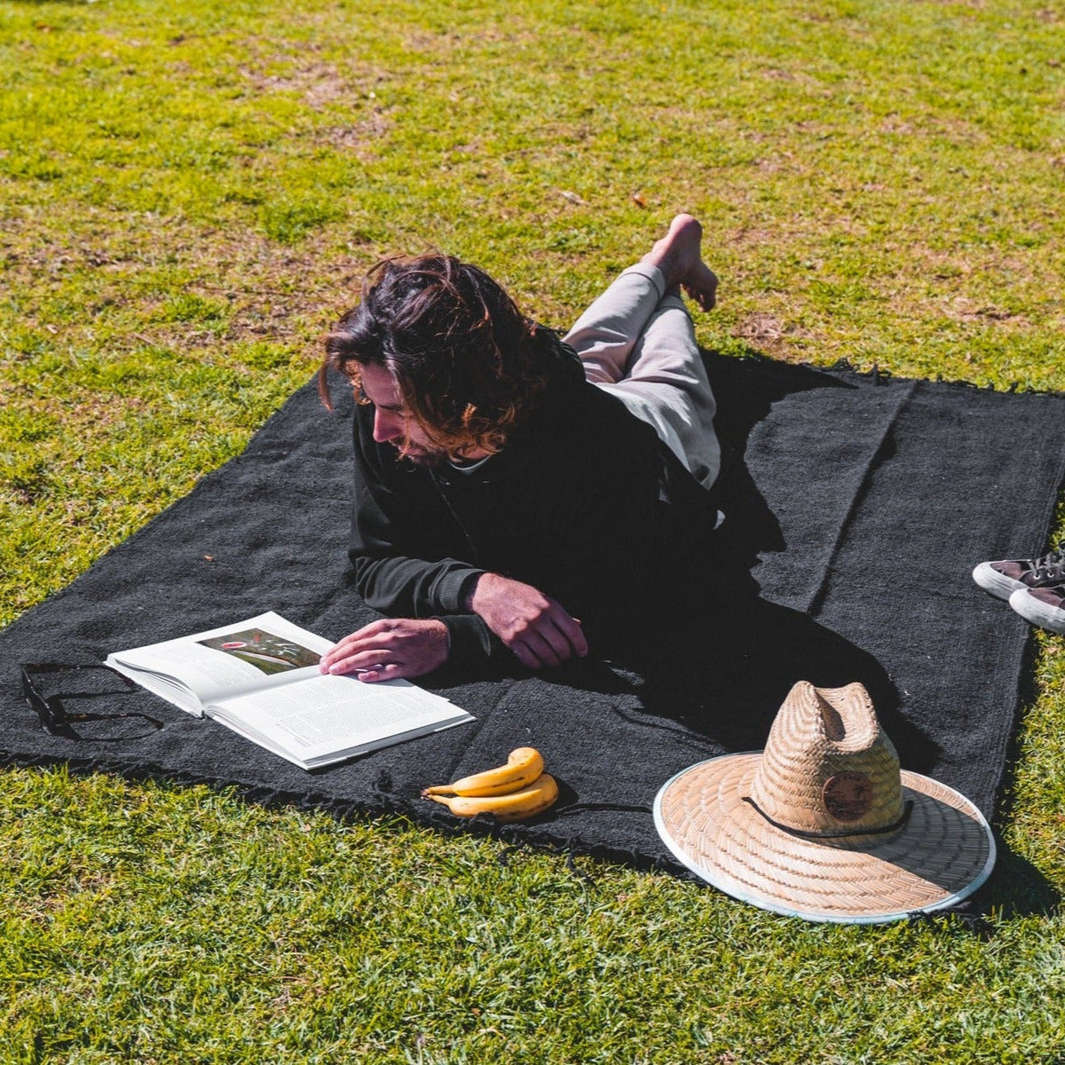 Black Solid Baja Yoga Blanket Lifestyle Reading Outdoors