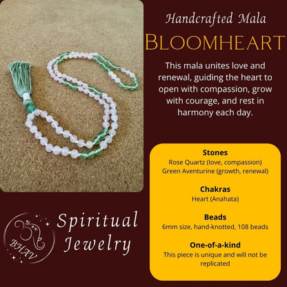 Bloomheart - Rose Quartz & Green Aventurine 6mm Handcrafted Mala Info Graphic