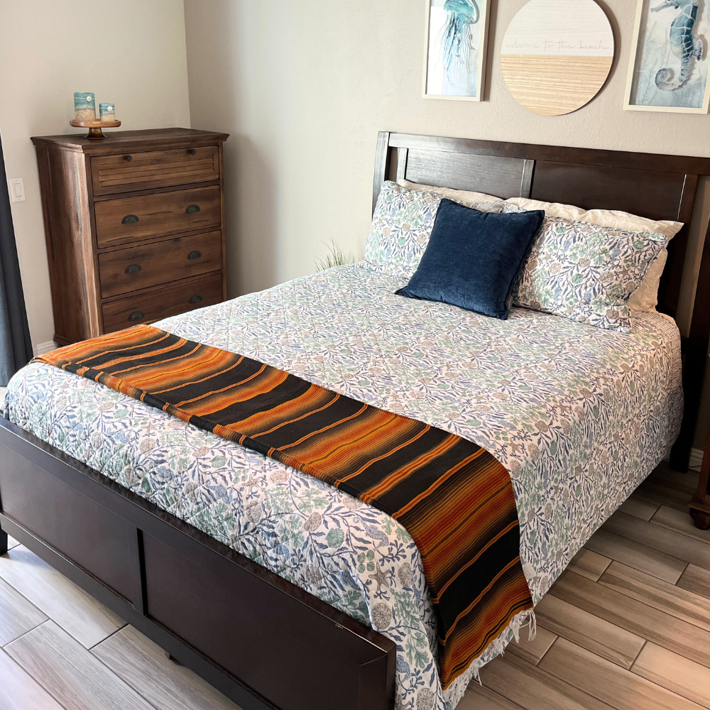 Brown Isla Serape Yoga Blanket Styled on Bed