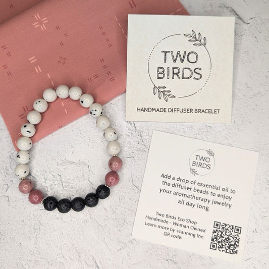 Dalmatian Jade, Pink Rhodonite & Lava Stone Bracelet – Essential Oil Diffuser Bracelet