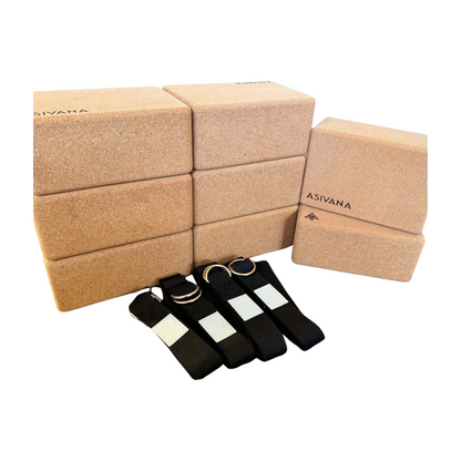 Eight EcoBlock Cork Yoga Block and Four Odyssey Yoga Strap Bundle by Asivana Yoga
