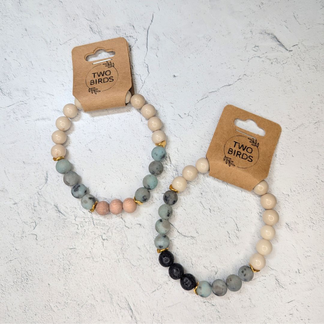 Fossil Jasper, Kiwi Jasper & Lava Stone Bracelet – Essential Oil Diffuser Bracelet tag