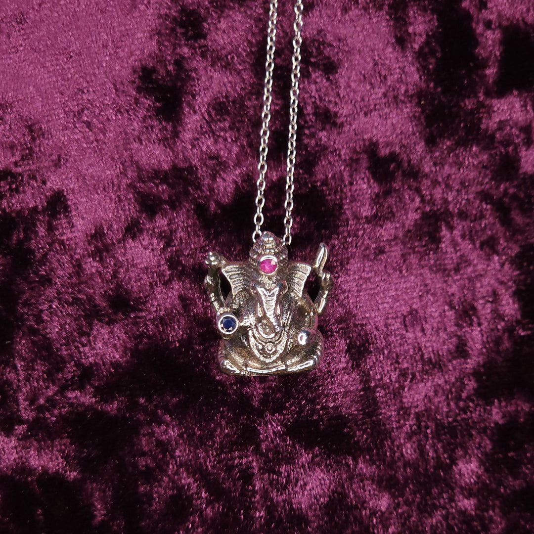 Ganesha Sterling Silver Pendant with Ruby and Sapphire Front on Chain