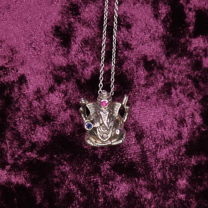Ganesha Sterling Silver Pendant with Ruby and Sapphire Front on Chain